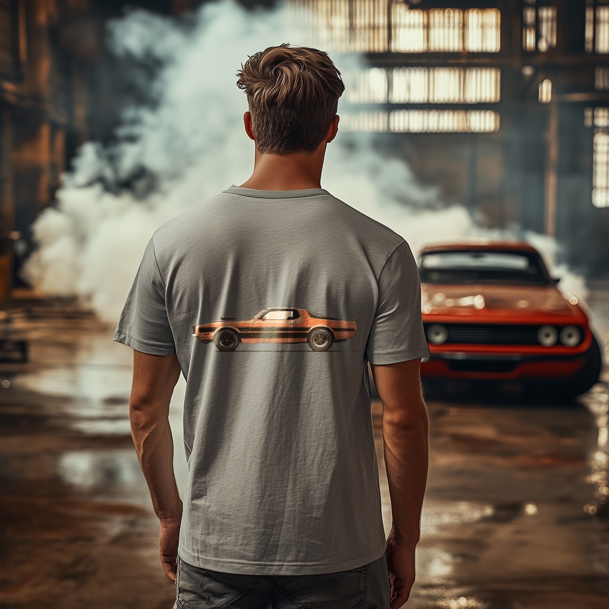 Orange Muscle Car T-Shirt (Back Print) – Retro Power Edition