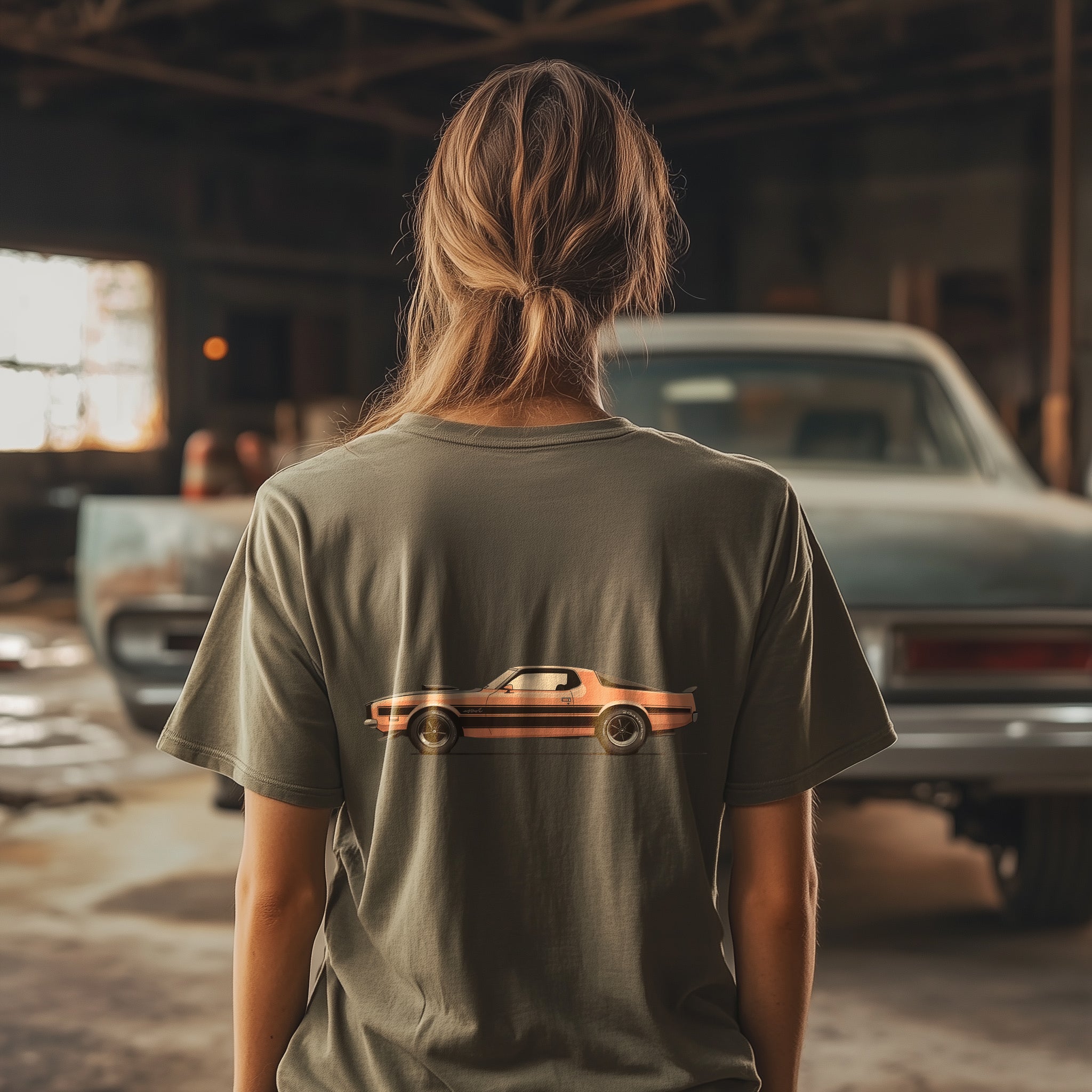 Orange Muscle Car T-Shirt (Back Print) – Retro Power Edition